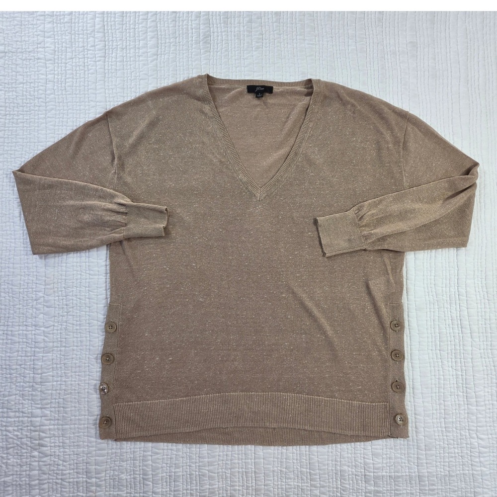 J.Crew Linen Blend V-Neck Button Side Sweater Tan Womens Large Excellent